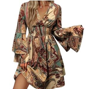 Paisley print long sleeve Dress -XL